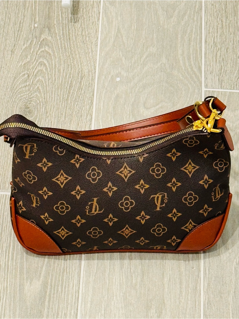 Monogram Pattern Brown Shoulder Bag with Tan Trim